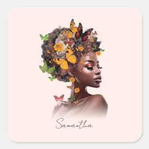 Melanin Magie: Afro Hair und farbenfrohe Schmetter Quadratischer Aufkleber