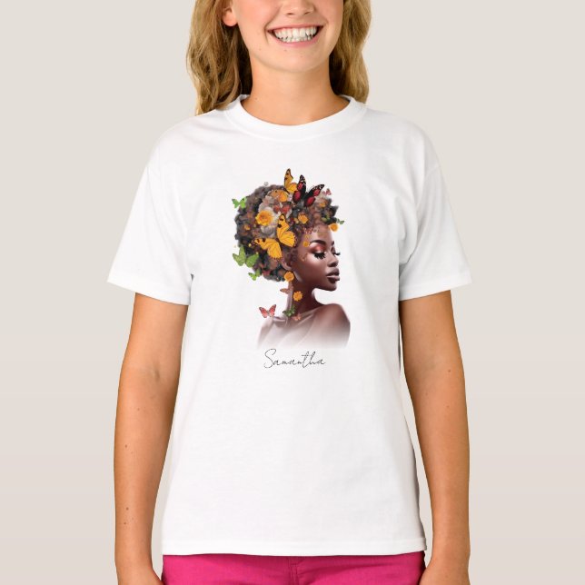 Melanin Magie: Afro Hair und farbenfrohe Schmetter T-Shirt (Vorderseite)