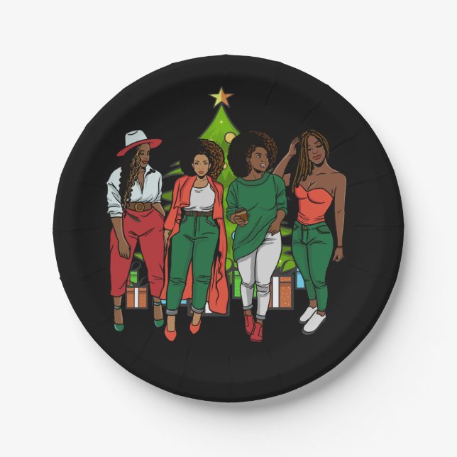 Melanin Sistas Christmas Tree & Gifts Black Girls Pappteller (Vorderseite)