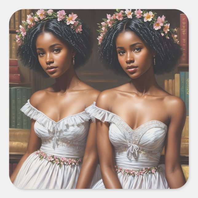 Melanin Twin Schwestern in der Bibliothek Gemini A Quadratischer Aufkleber (Vorderseite)