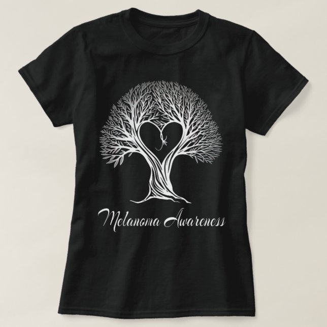 Melanom-Bewusstsein schwarzer Ribbonbaum mit Herz T-Shirt (Design vorne)