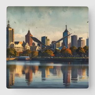 Melbourne Aquarellkunst Quadratische Wanduhr
