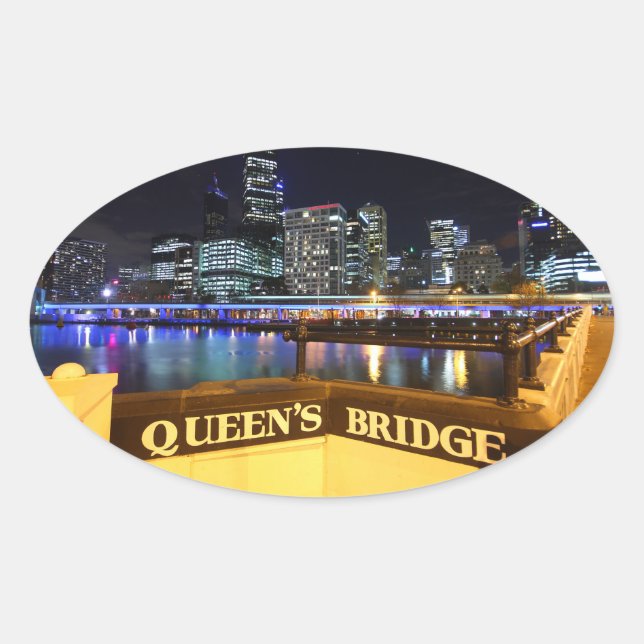 Melbourne Australia CBD Lights over Queen's Bridge Ovaler Aufkleber (Vorderseite)