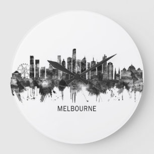 Melbourne Australia Skyline BW Große Wanduhr