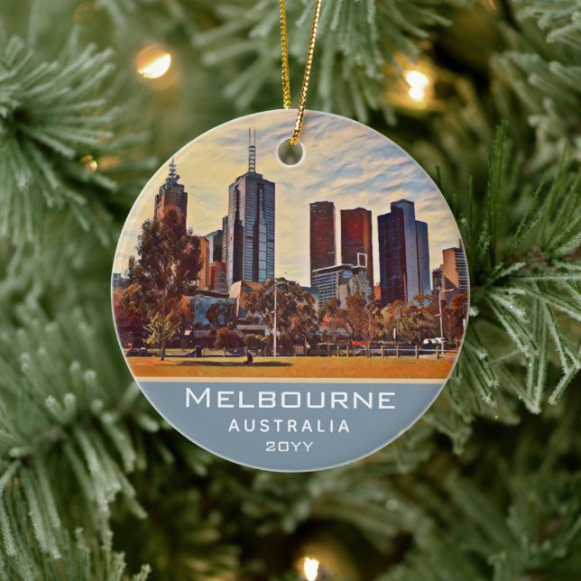 Melbourne Australia Skyline Watercolor Art Keramik Ornament (Baum)