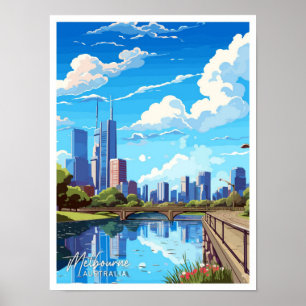 Melbourne Australia Travel Vintag Illustration Poster