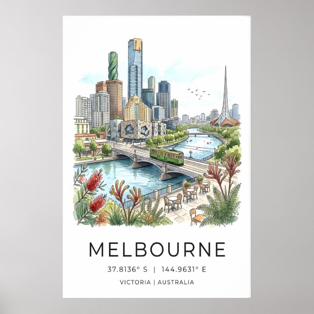 Melbourne Skyline Poster - Hand-Sketched Cityscape (Vorne)