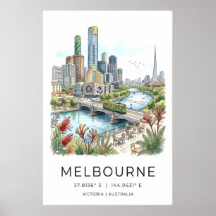 Melbourne-Skyline-Poster - Handgezeichnete Stadtla Poster