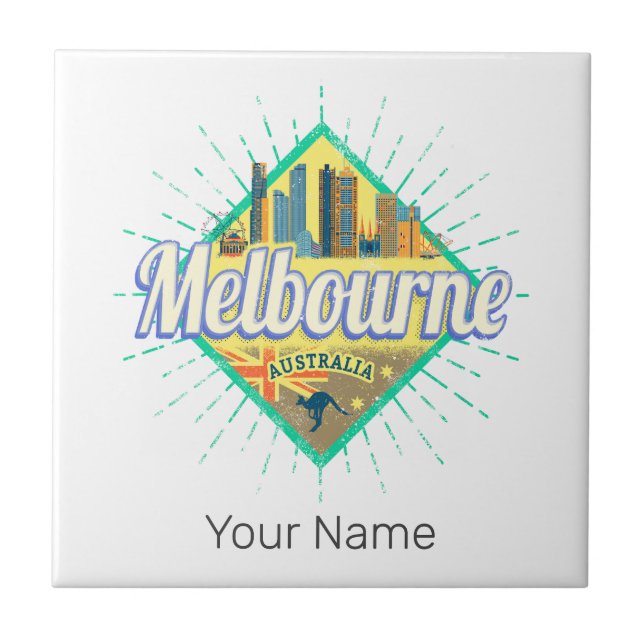 Melbourne Victoria Australia Retro Skyline Vintag Fliese (Vorderseite)