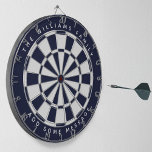 Meldung "Navy Blue White Classic Custom Family Nam Dartscheibe<br><div class="desc">Ein klassisches Dartboard-Design mit abwechselnden,  blau-weißen Dreiecken. Oben und unten gibt es den Namen und eine Nachricht als Bogentext,  in Kapiteln.</div>