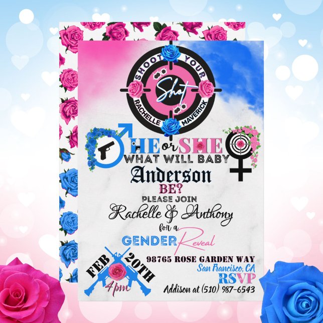 Meldung von Waffen oder Rose Einladung (Guns or Roses Shoot your Shot Gender Reveal Invitation in Pink and Blue)