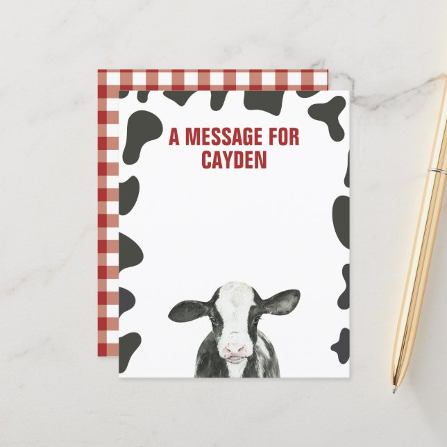 Meldungskarte der Heiligen Kuh zum ersten Geburtst (Vorderseite/Rückseite Beispiel)