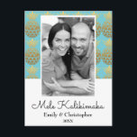 Mele Kalikimaka Ananas Weihnachtsfotokarte Feiertagspostkarte<br><div class="desc">Mele Kalikimaka Imitats Foil Gold und Aqua Blue Ananas Weihnachten Blue Black and White Foto Card. Diese hawaiianische Weihnachtskarte ist perfekt für eine tropische Weihnachtskarte der Familie.</div>