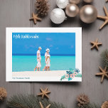 Mele Kalikimaka Beach Family Foto Hibiskus Floral Feiertagskarte<br><div class="desc">Eine einfach wunderschöne Weihnachtskarte am Strand mit einem Foto aus Ihrem Inselurlaub,  die an der Ecke von einer hübschen Blume aus tropischem Hibiskus in schönem pfirsichfarbenem Rosa mit blauen Blätter aus Palmen gehalten wird. Ein weiteres vollständiges Foto schmückt die Rückseite dieser hawaiianischen Urlaubskarte.</div>