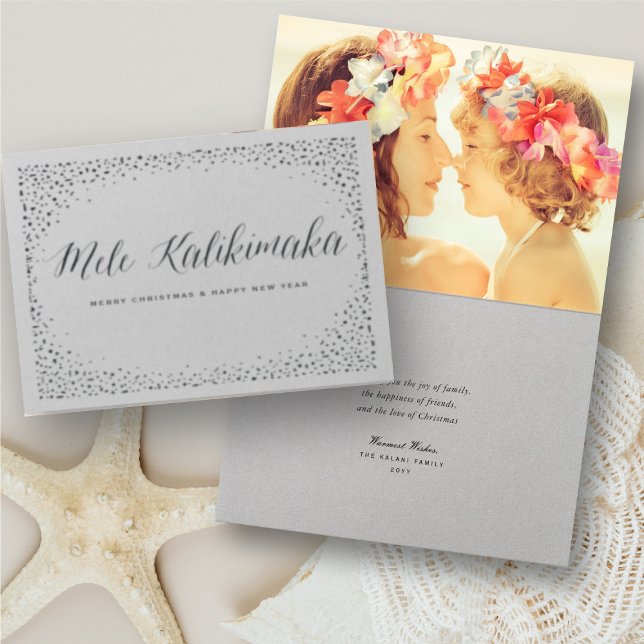 Mele Kalikimaka Confetti und Stars Weihnachtsfest  Folienkarte (Mele Kalikimaka Christmas Greetings Holiday Foil Pressed Card @ www.zazzle.com/store/fat_fa_tin)