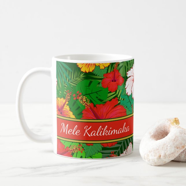 Mele Kalikimaka farbenfroher hawaiischer Blumenurl Kaffeetasse (Mit Donut)