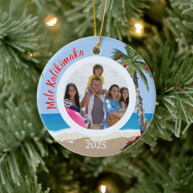 Mele Kalikimaka Hawaiian Beach Personalized Photo Keramik Ornament (Baum)