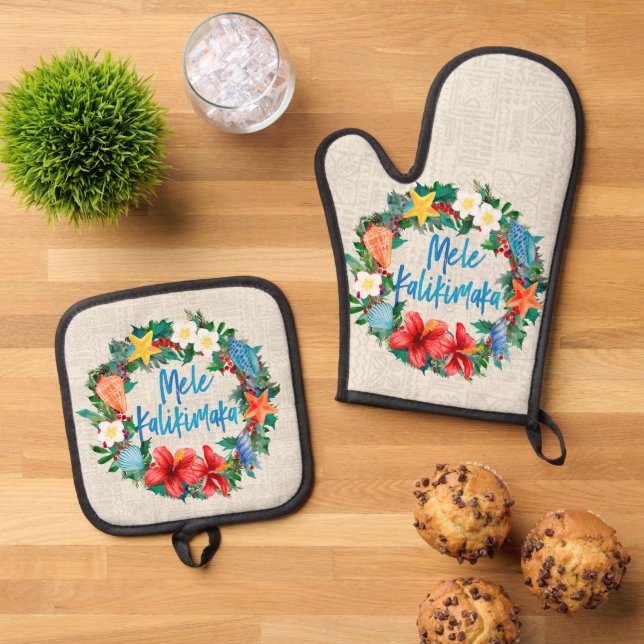 Mele Kalikimaka Hawaiian Beach Weihnachtswreath Ofenhandschuh & Topflappen-Set (Oben Unten)