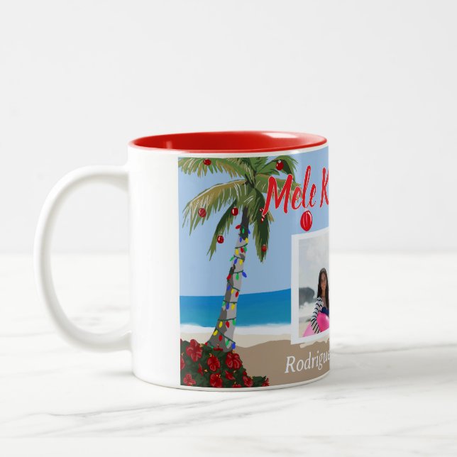 Mele Kalikimaka Hawaiian Christmas Beach Photo Zweifarbige Tasse (Links)