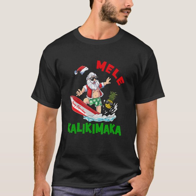 Mele Kalikimaka Hawaiian Christmas Santa Surfing P T-Shirt (Vorderseite)