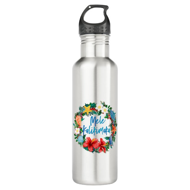 Mele Kalikimaka Hawaiianischer Weihnachtskranz Edelstahlflasche (Vorderseite)