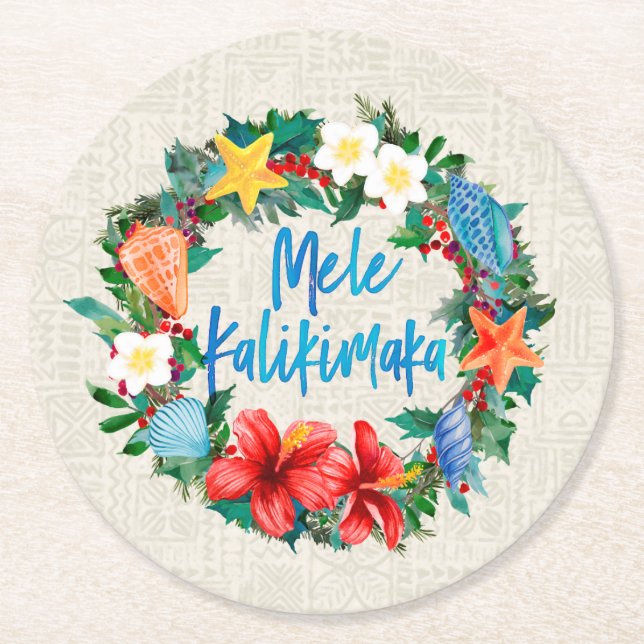 Mele Kalikimaka Hawaiianischer Weihnachtskranz Runder Pappuntersetzer (Vorderseite)