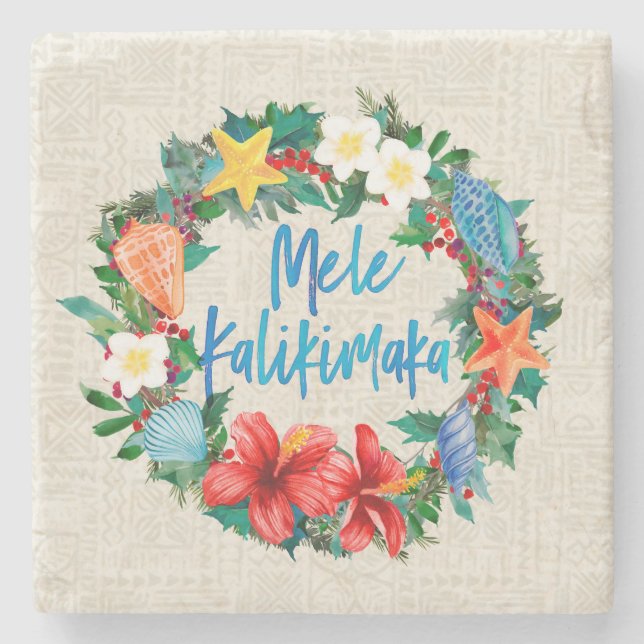 Mele Kalikimaka hawaiischer WeihnachtsKranz Steinuntersetzer (Vorderseite)