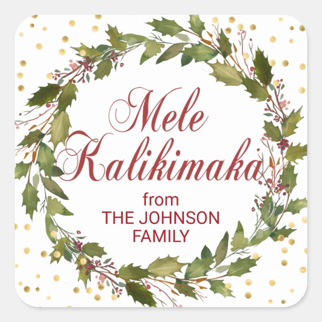 Mele Kalikimaka Holly Wreath Gold Red White Quadratischer Aufkleber (Vorderseite)