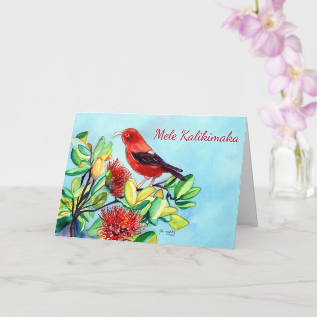 Mele Kalikimaka Iiwi Bird und Ohia Lehua Blume Karte (Orchidee)