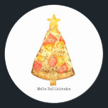 Mele Kalikimaka Merry Christmas Hawaiian Pizza Runder Aufkleber<br><div class="desc">Illustration eines weihnachtbaumförmigen Schinken und Ananas Hawaiianische Pizzaausschnitt,  der mit Stern dekoriert ist. Im Text steht: "Mele Kalikimaka"</div>