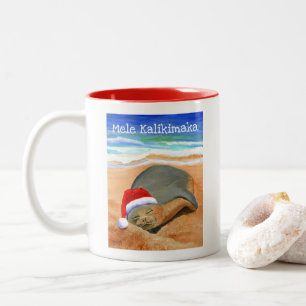 Mele Kalikimaka Monk Siegel mit Weihnachtsmannmüt Zweifarbige Tasse