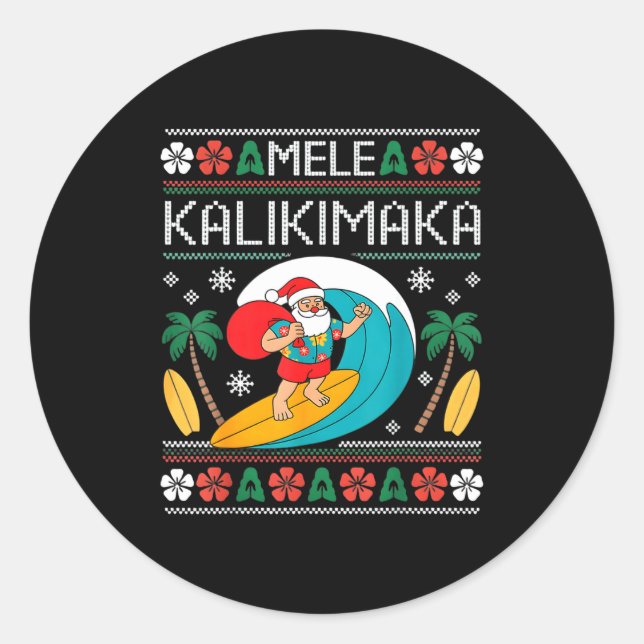 Mele Kalikimaka Pajamas Santa Hawaii Ugly Christma Runder Aufkleber (Vorderseite)