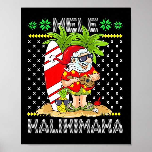 Mele Kalikimaka Santa Claus Surfer Guitar Hawaiian Poster (Vorne)
