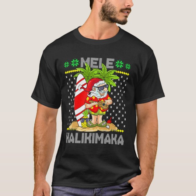 Mele Kalikimaka Santa Claus Surfer Guitar Hawaiian T-Shirt (Vorderseite)