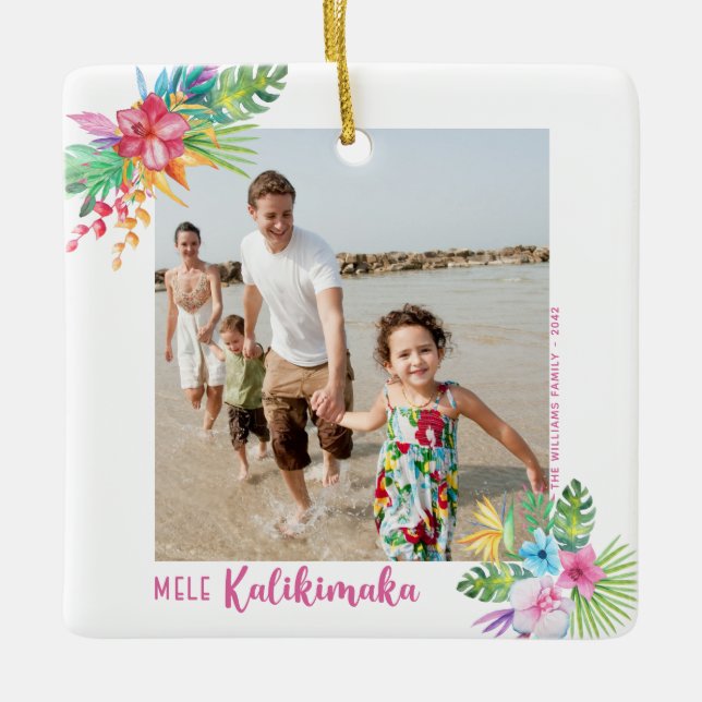 Mele Kalikimaka Tropische Blume Foto Weihnachten C Keramikornament (Vorderseite)