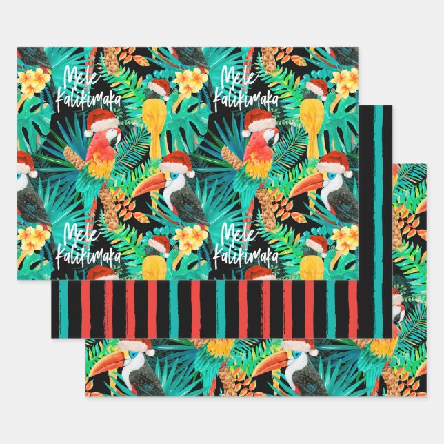 Mele Kalikimaka Tropische Jungvögel und Streifen  Geschenkpapier Set (Set)