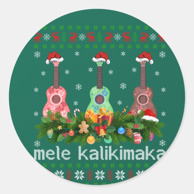 Mele Kalikimaka Ukulele Guitar Gift Ugly Ukulele Runder Aufkleber (Vorderseite)