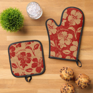 Mele Kalikimaka Vintager hawaiianischer Hibiskus R Ofenhandschuh & Topflappen-Set