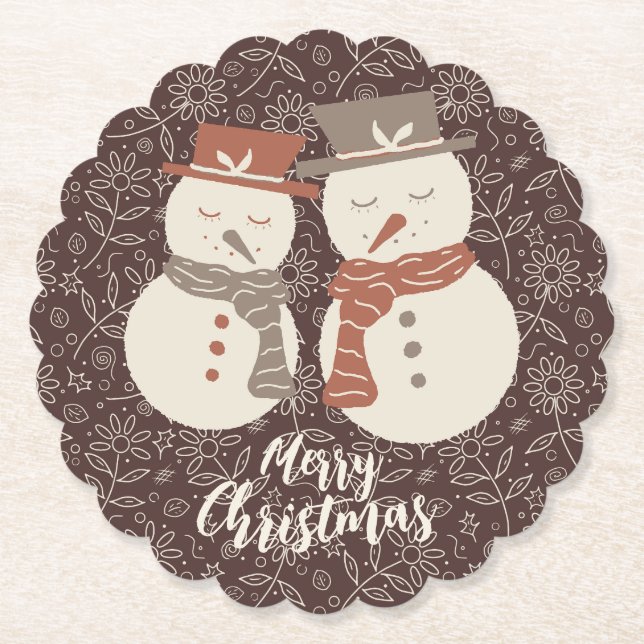 Mellow Snowmen - Frohe Weihnachten 2 Schneemann ro Untersetzer (Vorderseite)