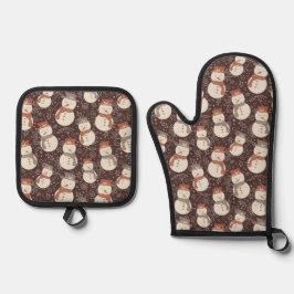 Mellow Snowmen - Schneemann Weihnachten Muster rot Ofenhandschuh & Topflappen-Set