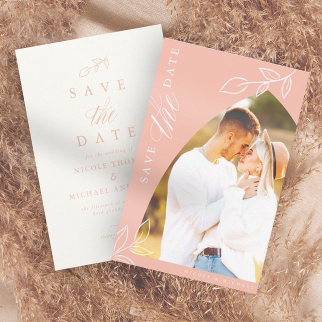 Melon Pink Arch Boho Minimal Leaf Foto Save The Date (Von Creator hochgeladen)