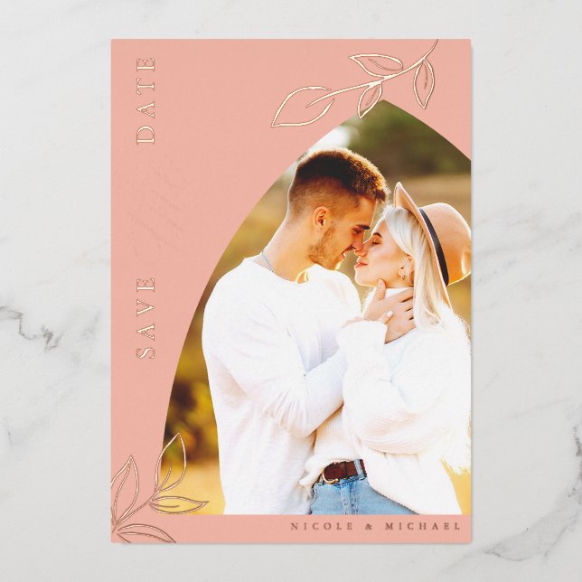 Melon Pink Arch Foil Save the Date Karte (Vorderseite)