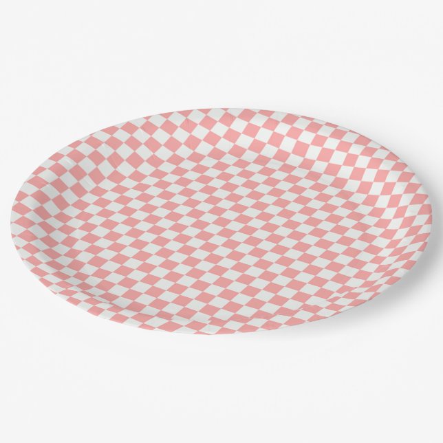 Melon und White Gingham Checkered Pappteller (Schrägansicht)