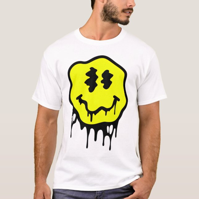 "Melting Graffiti Smiley Face – Trippy Yellow Drip T-Shirt (Vorderseite)