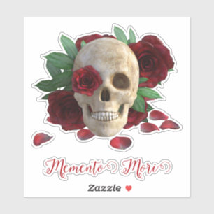Memento Mori. Schädel mit rote Rosen Aufkleber