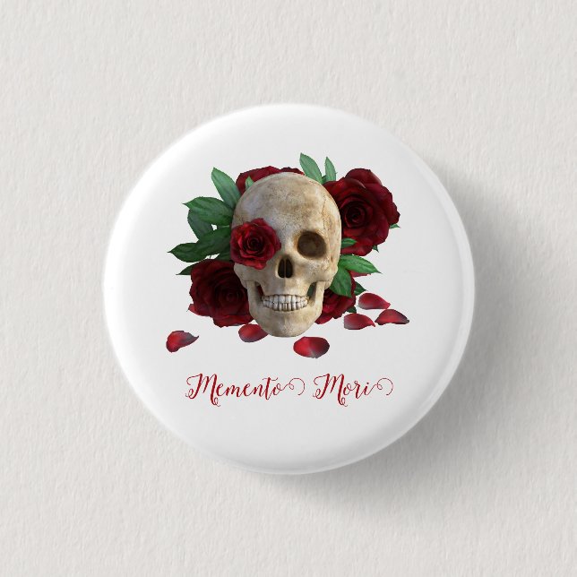 Memento Mori. Schädel mit rote Rosen Button (Vorderseite)