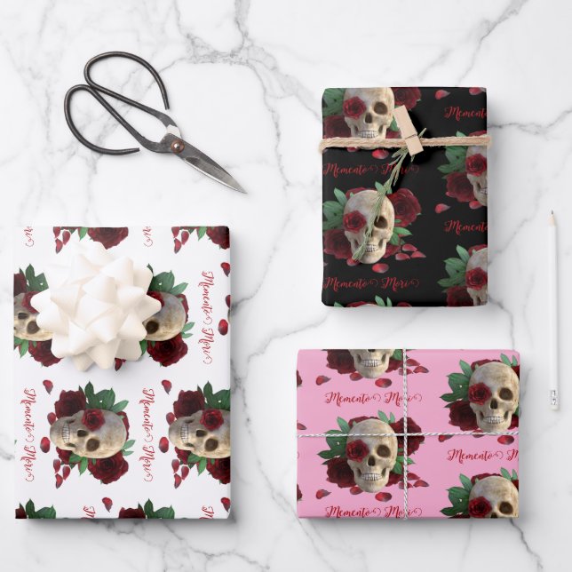 Memento Mori. Schädel mit rote Rosen Geschenkpapier Set (Vorderseite)