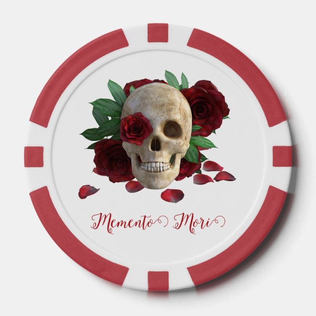 Memento Mori. Schädel mit rote Rosen Pokerchips (Vorderseite)