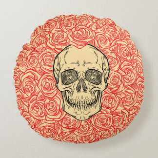Memento Mori! Schädel und Rose, handgezeichnet Rundes Kissen