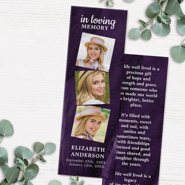 Memorial 3 Foto Lila Beerdigung Gebet Lesezeichen (Von Creator hochgeladen)